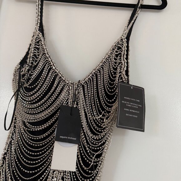 NWT Retrofête Irina Mini Dress Rhinestone Chain Embellished In Barely-there Mesh - Picture 7 of 11